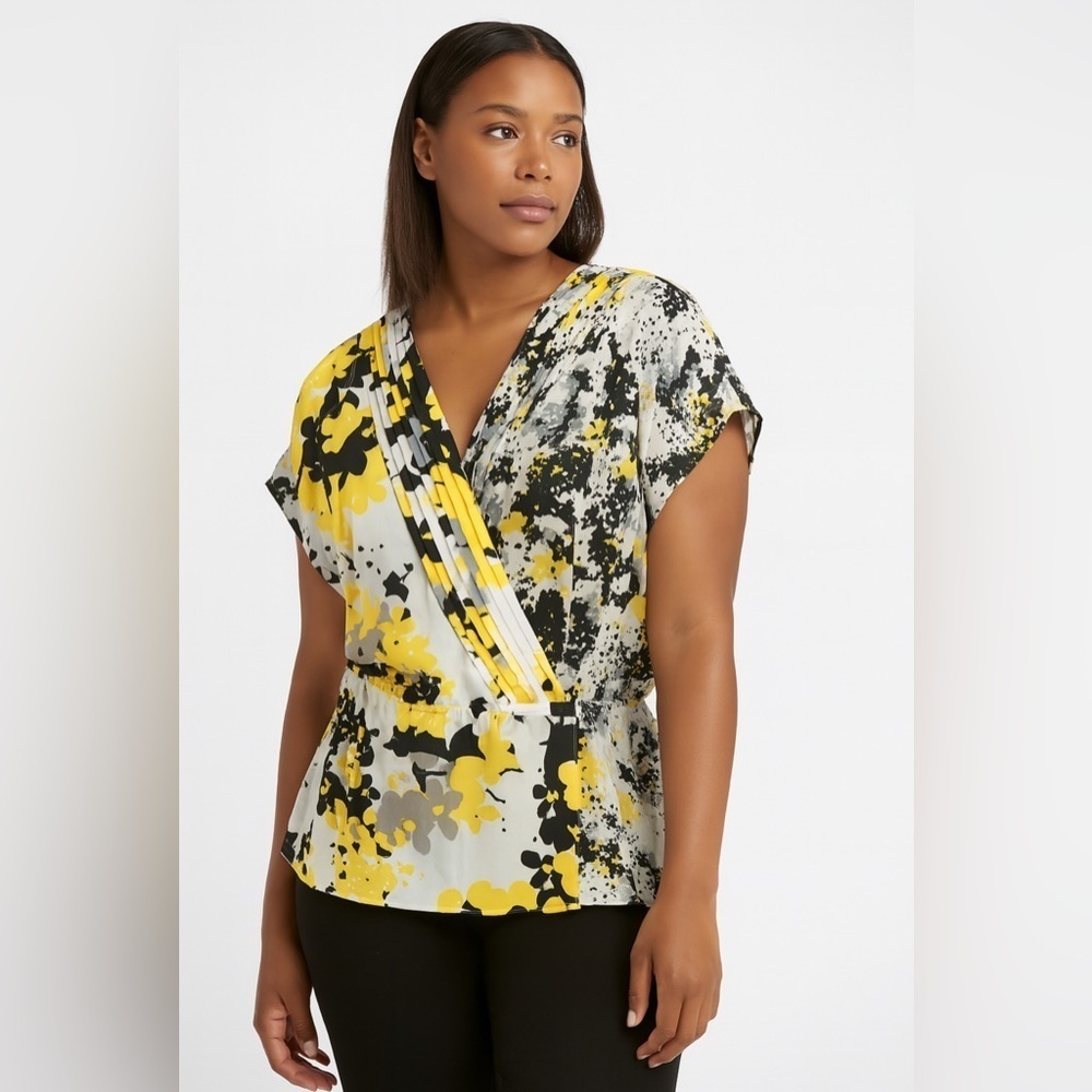 New York & Company Yellow and Black Abstract Floral Blouse.  Size-Medium
